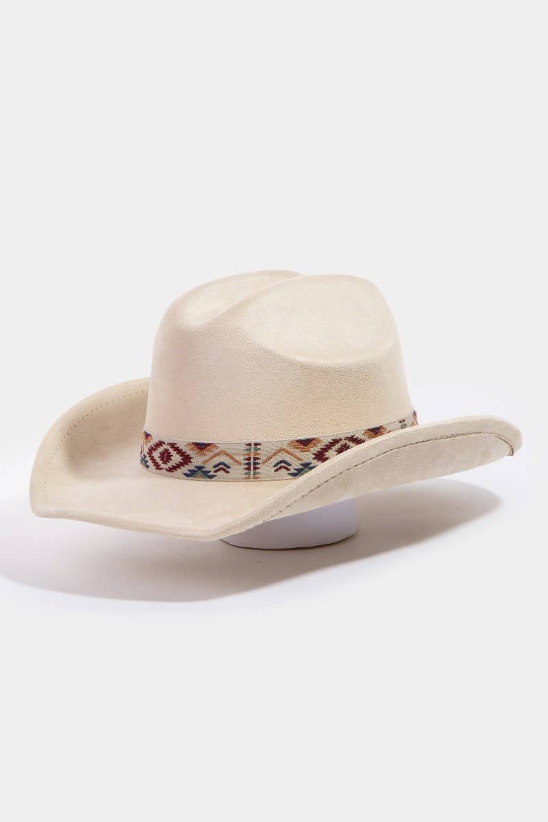 Boho Embroidered Strap Faux Suede Cowboy Hat
