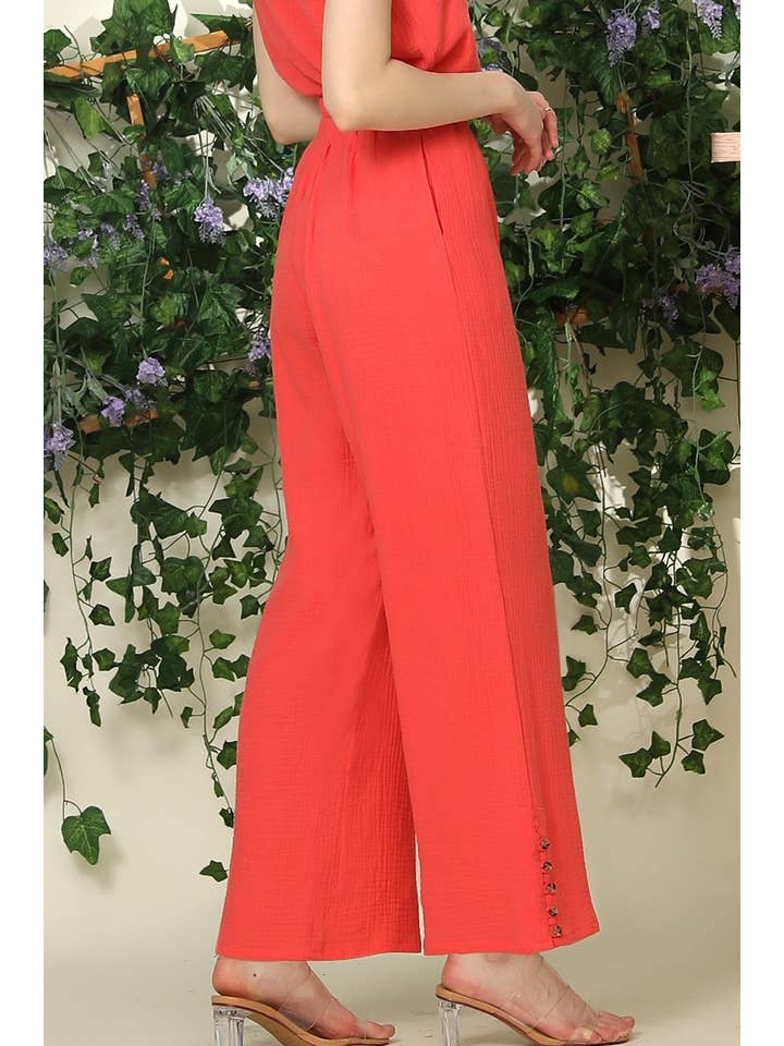 BANDED SMOCKING LONG PANTS WITH BUTTON DETAILED