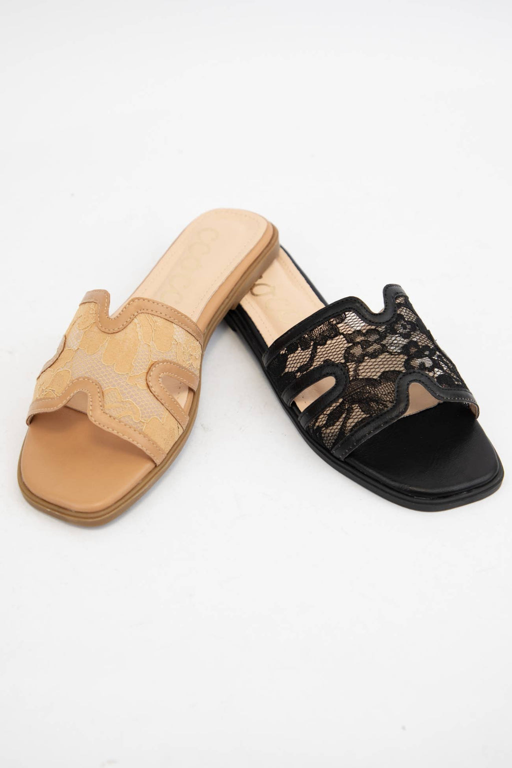 BRITNEY Lace Mesh Sandals  H-Cutout Square Toe Slides