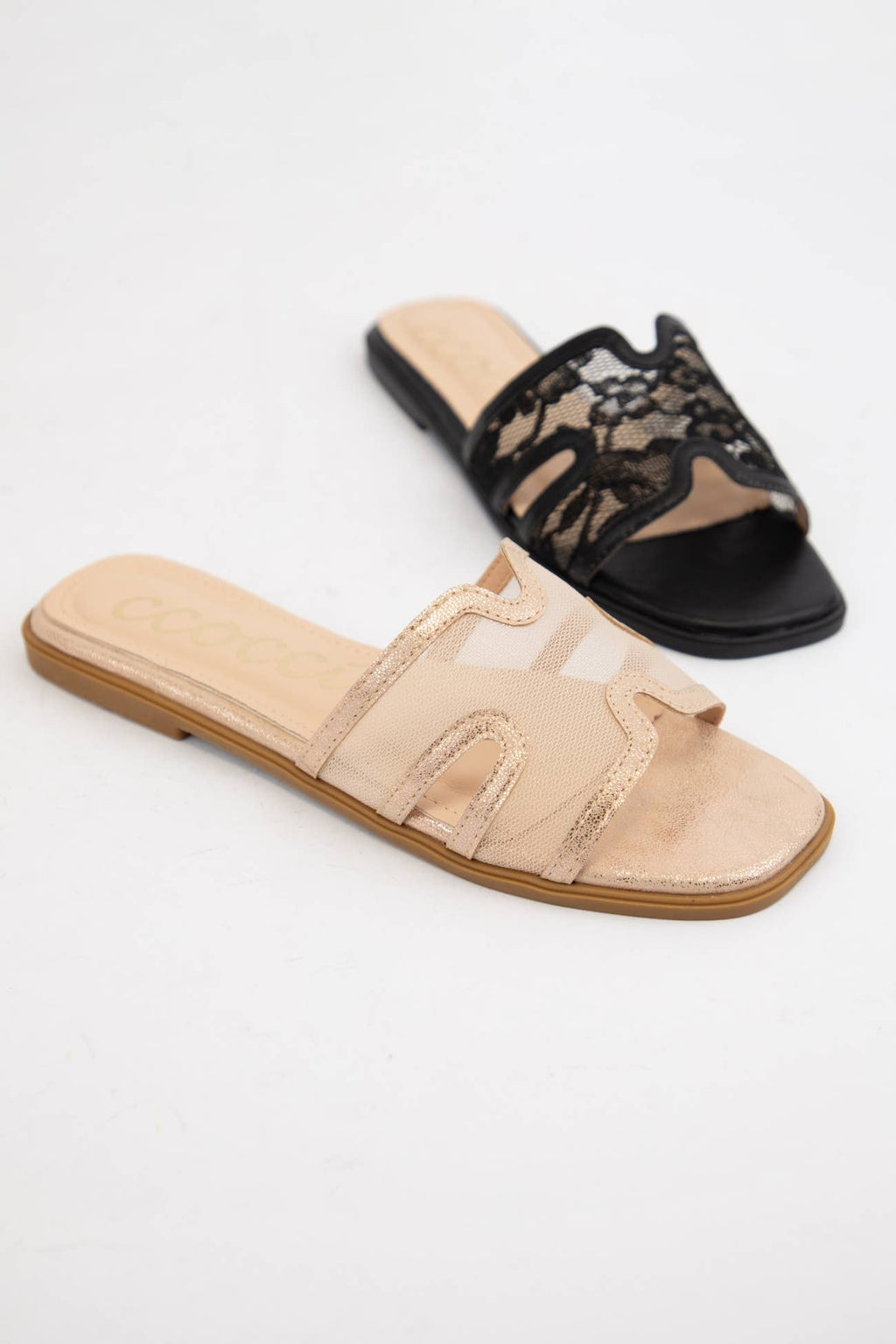 BRITNEY Lace Mesh Sandals  H-Cutout Square Toe Slides