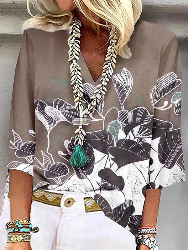 Loose Plus Size Flower Print Three-Quarter Sleeves V-Neck Blouses Tops
