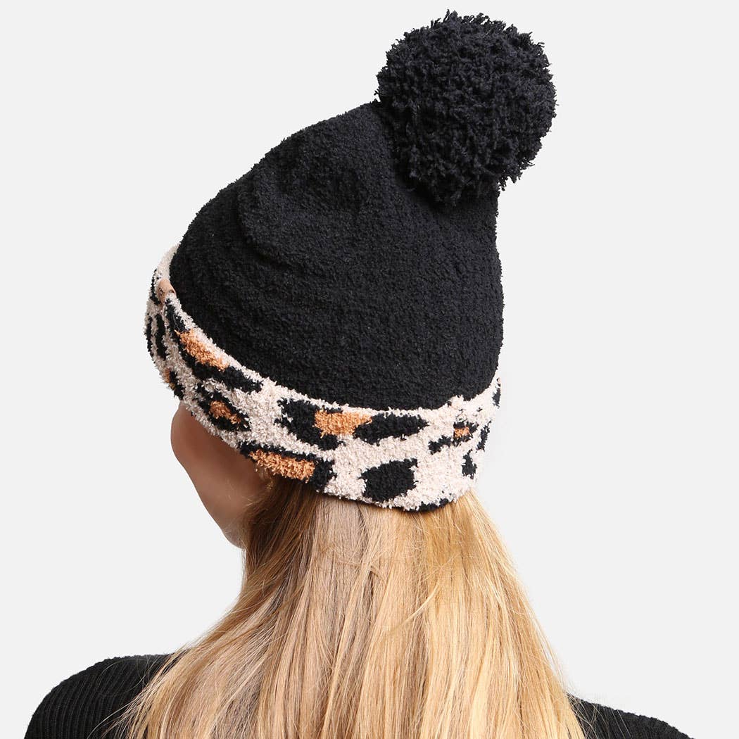 Luxury Soft Beanie Hat w Leopard Print Cuff