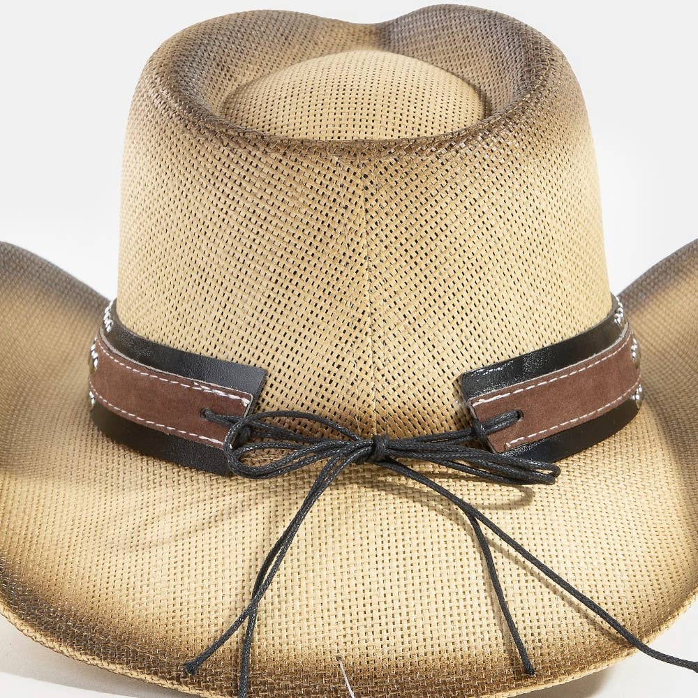 Western Long Horn Studded Strap Straw Cowboy Hat