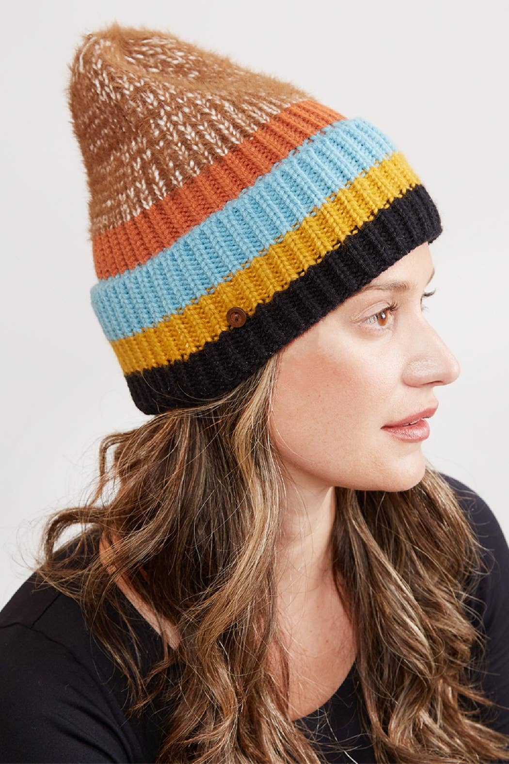 Mixed Color Knit Ribbed Beanie with Button