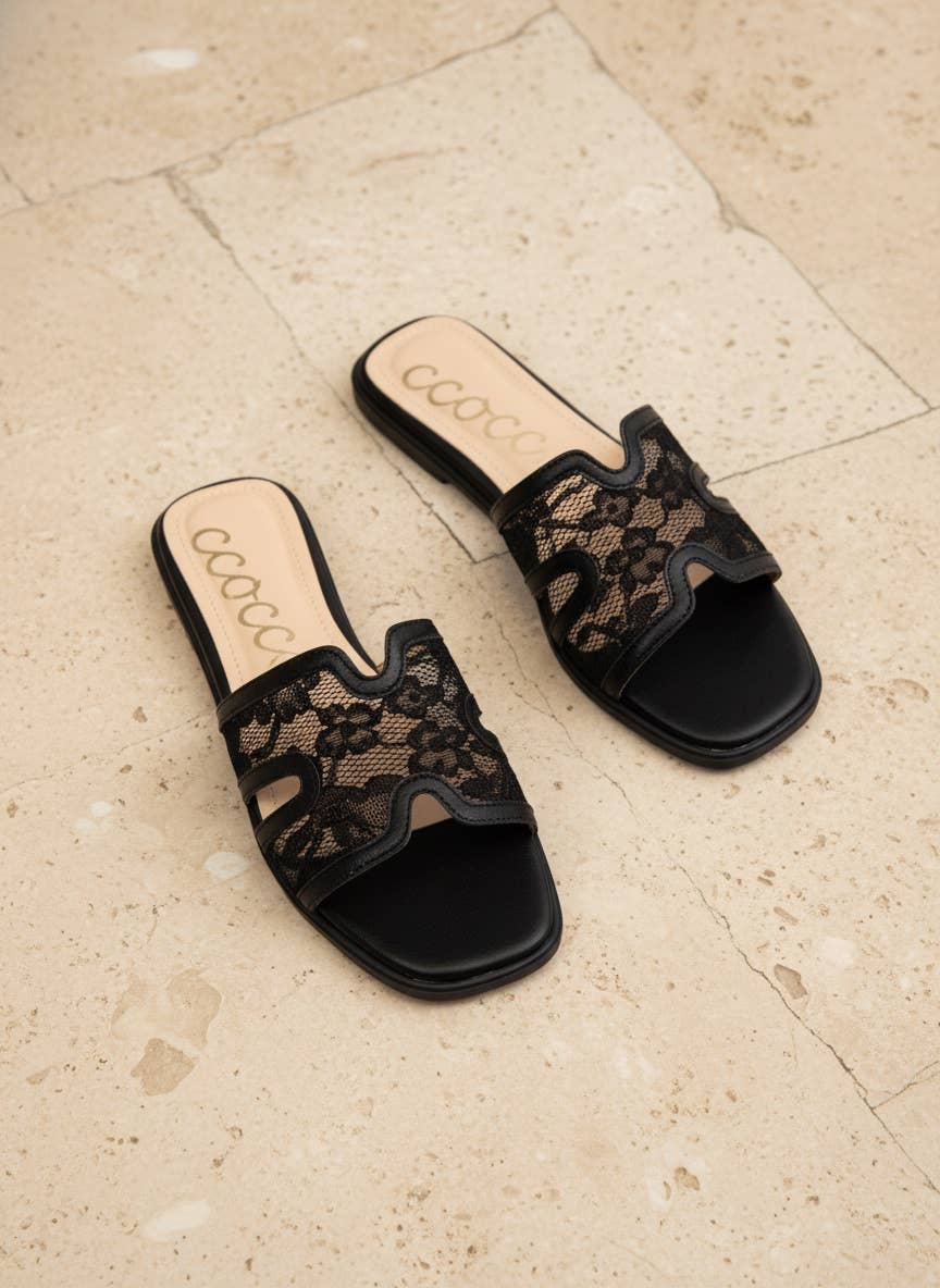 BRITNEY Lace Mesh Sandals  H-Cutout Square Toe Slides
