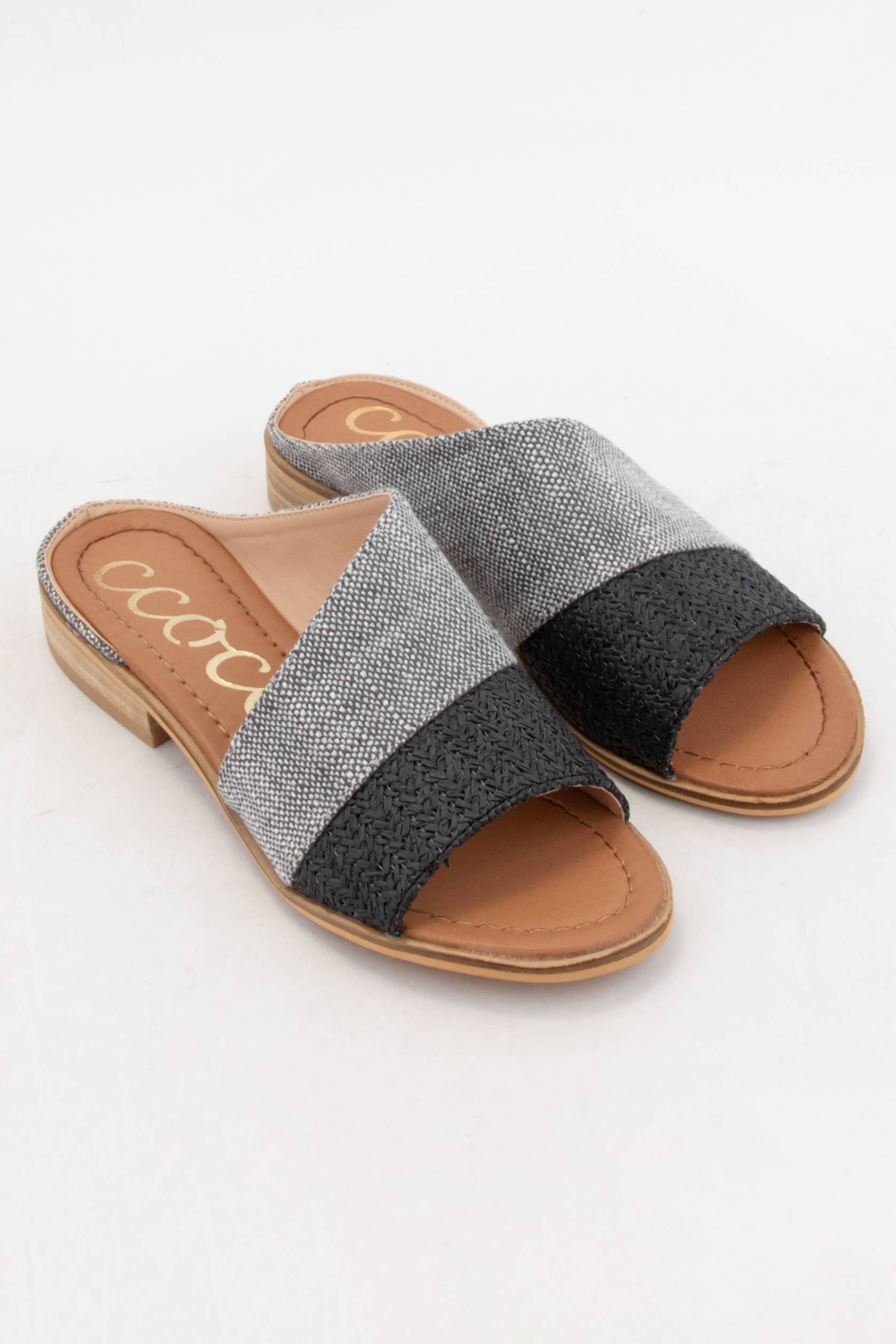 BAMBI Asymmetrical Linen Slide Sandals with Raffia Combo Upp