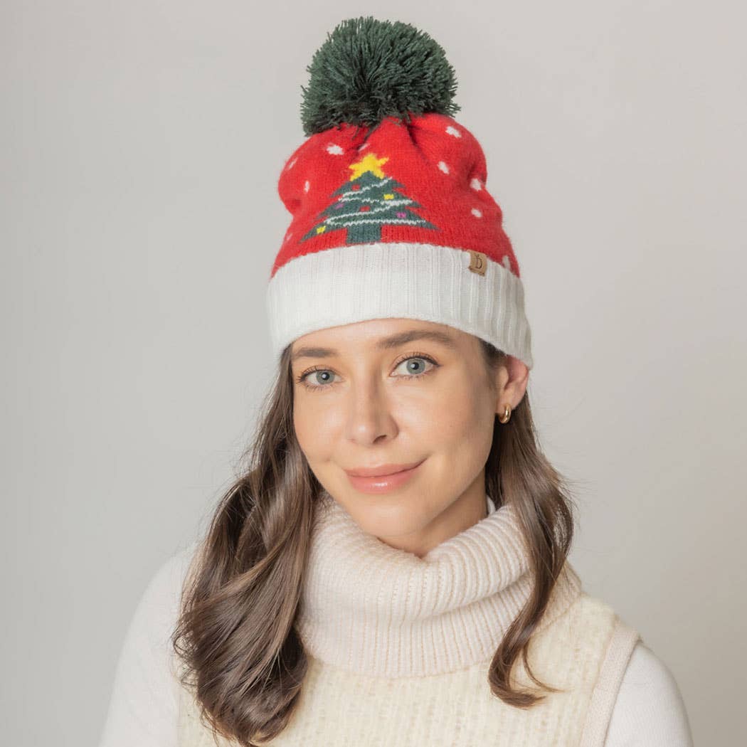Holiday Treen Pattern Beanie Hat w Yarn Pom