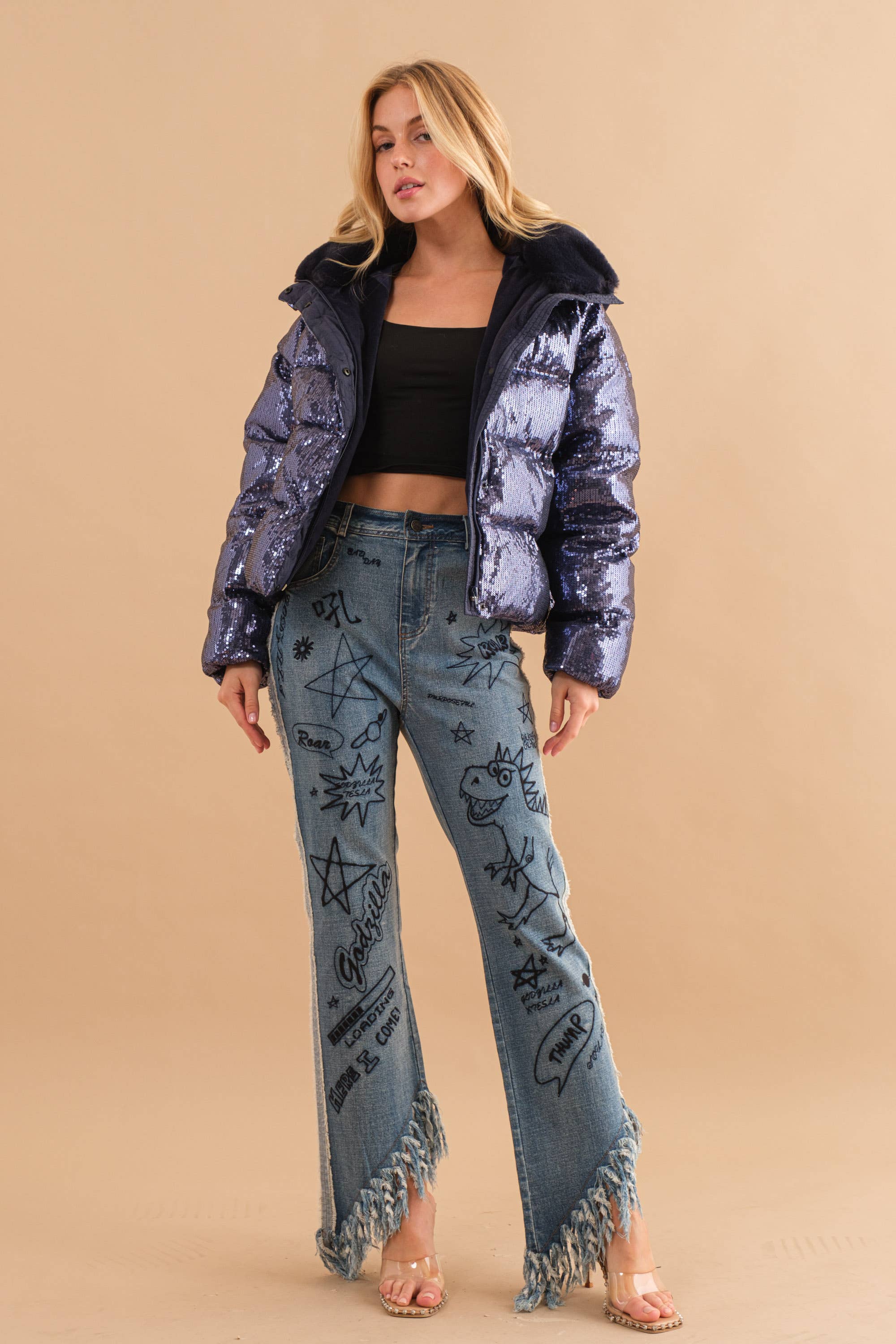 34172J - Sequin Puffer Quilted Fur Hooded Zip Up Coat