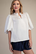 V-Neck Elbow Length Bubble Sleeve Poplin Top