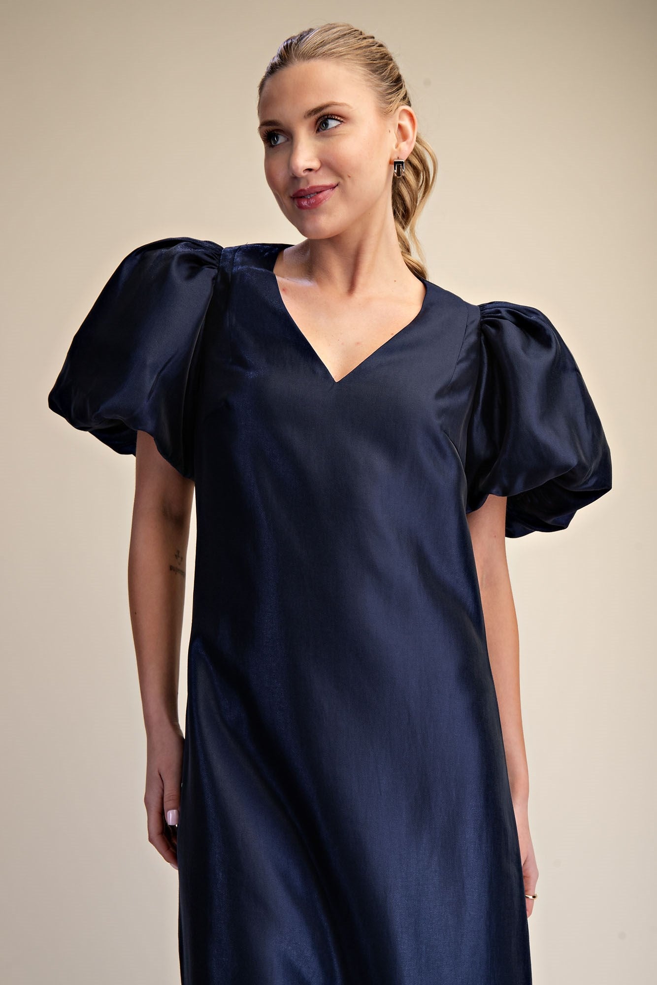Puff-Sleeve Glossy Dress