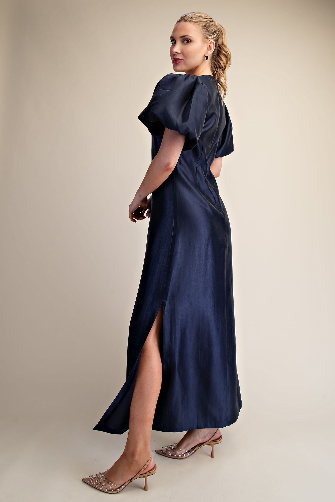 Puff-Sleeve Glossy Dress