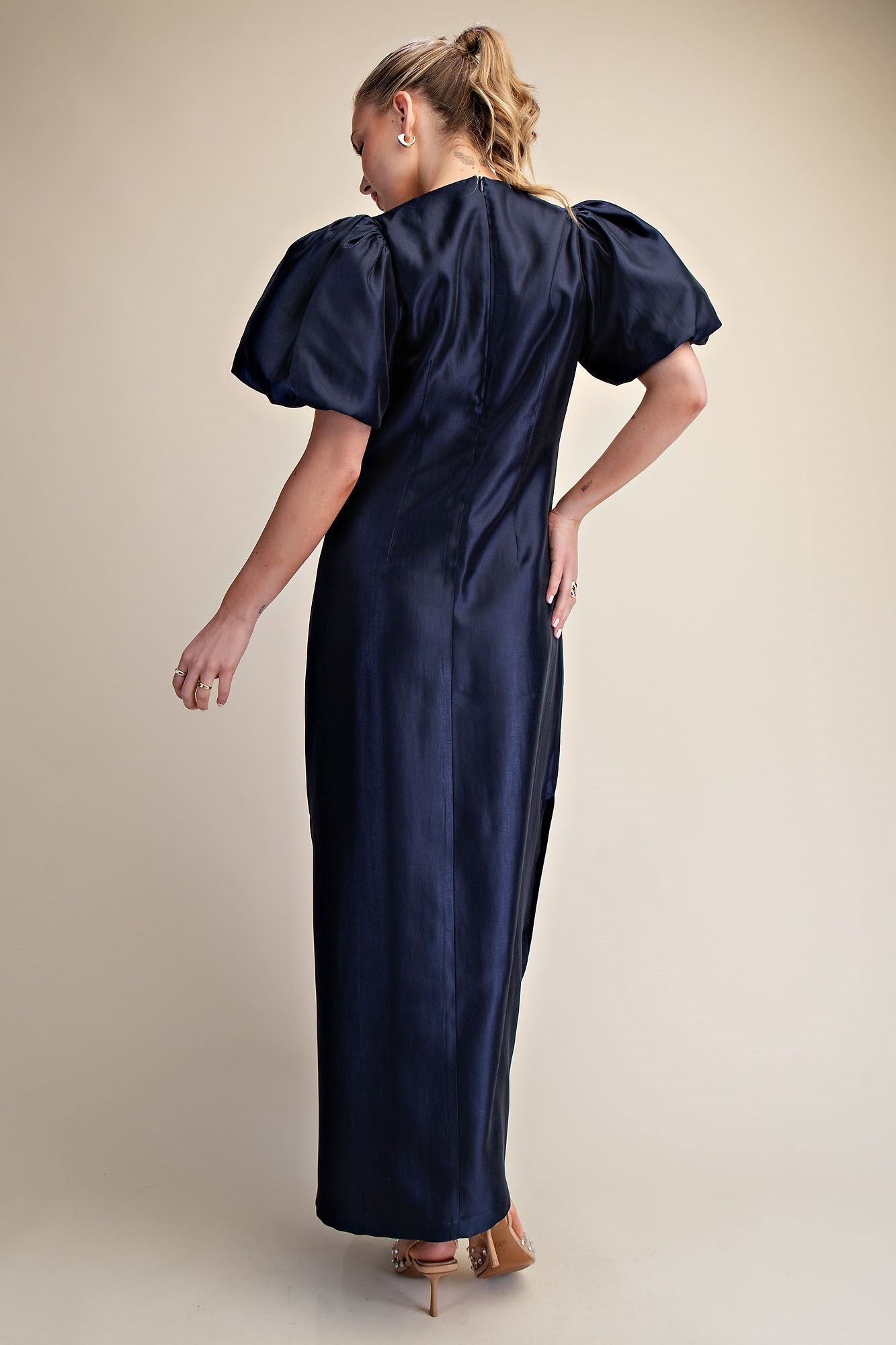 Puff-Sleeve Glossy Dress
