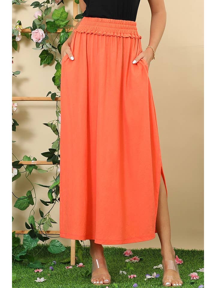 BANDED SMOCKING WAIST MAXI SKIRT WITH POCKET