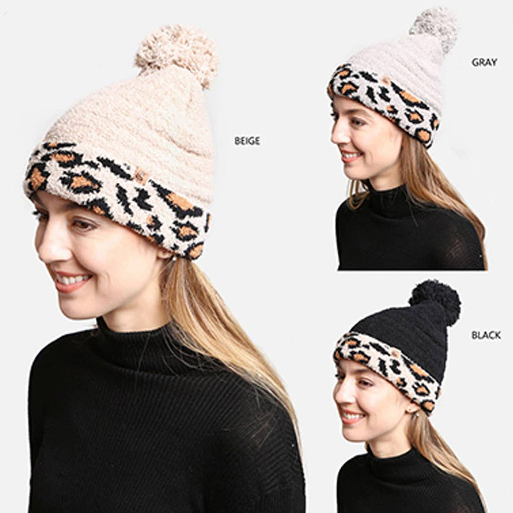 Luxury Soft Beanie Hat w Leopard Print Cuff