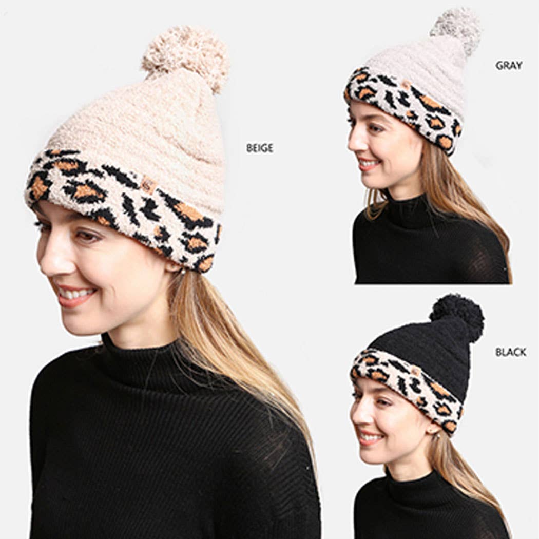 Luxury Soft Beanie Hat w Leopard Print Cuff