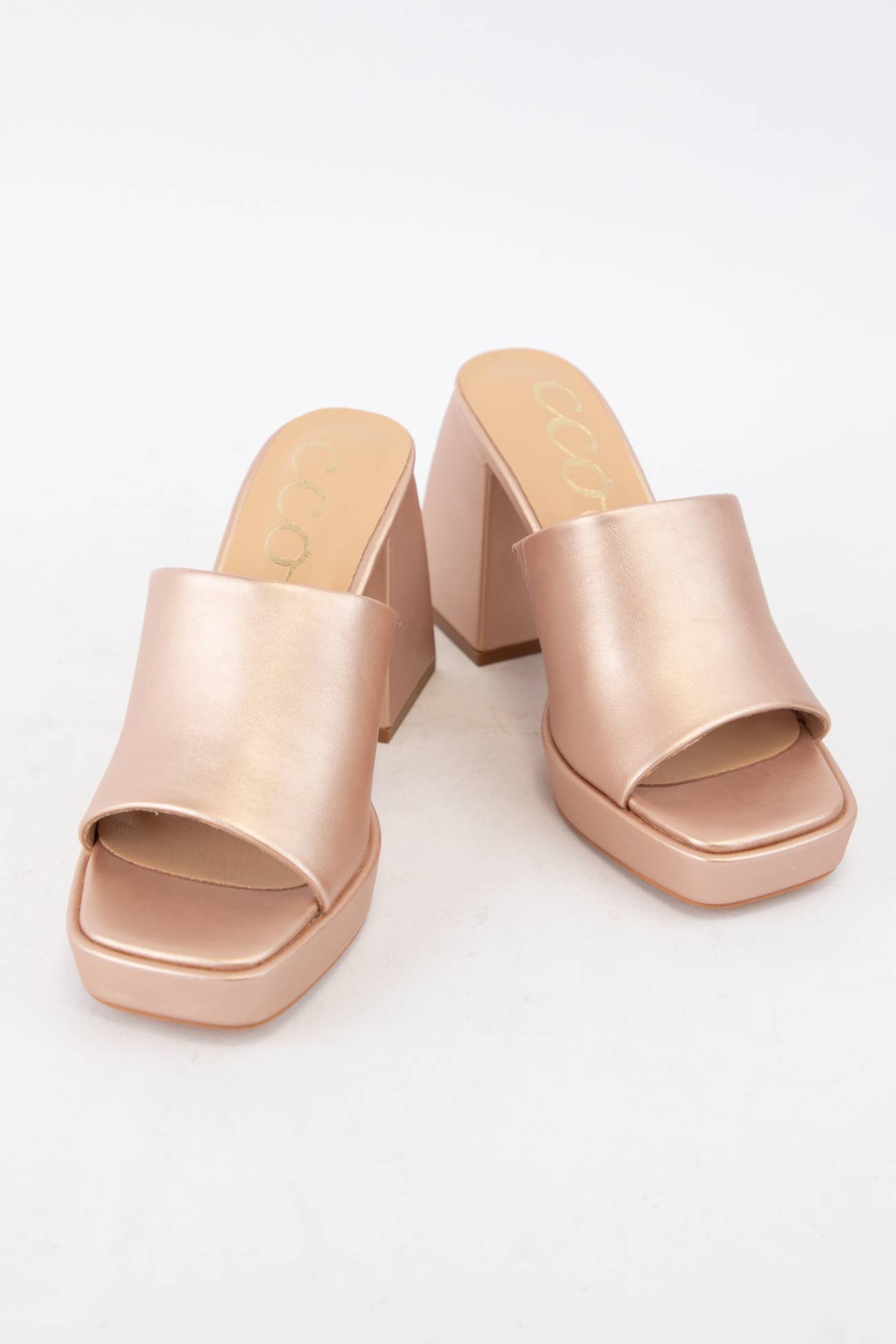 DORIS Rose Gold Platform Mule Heels with Retro Square Toe De