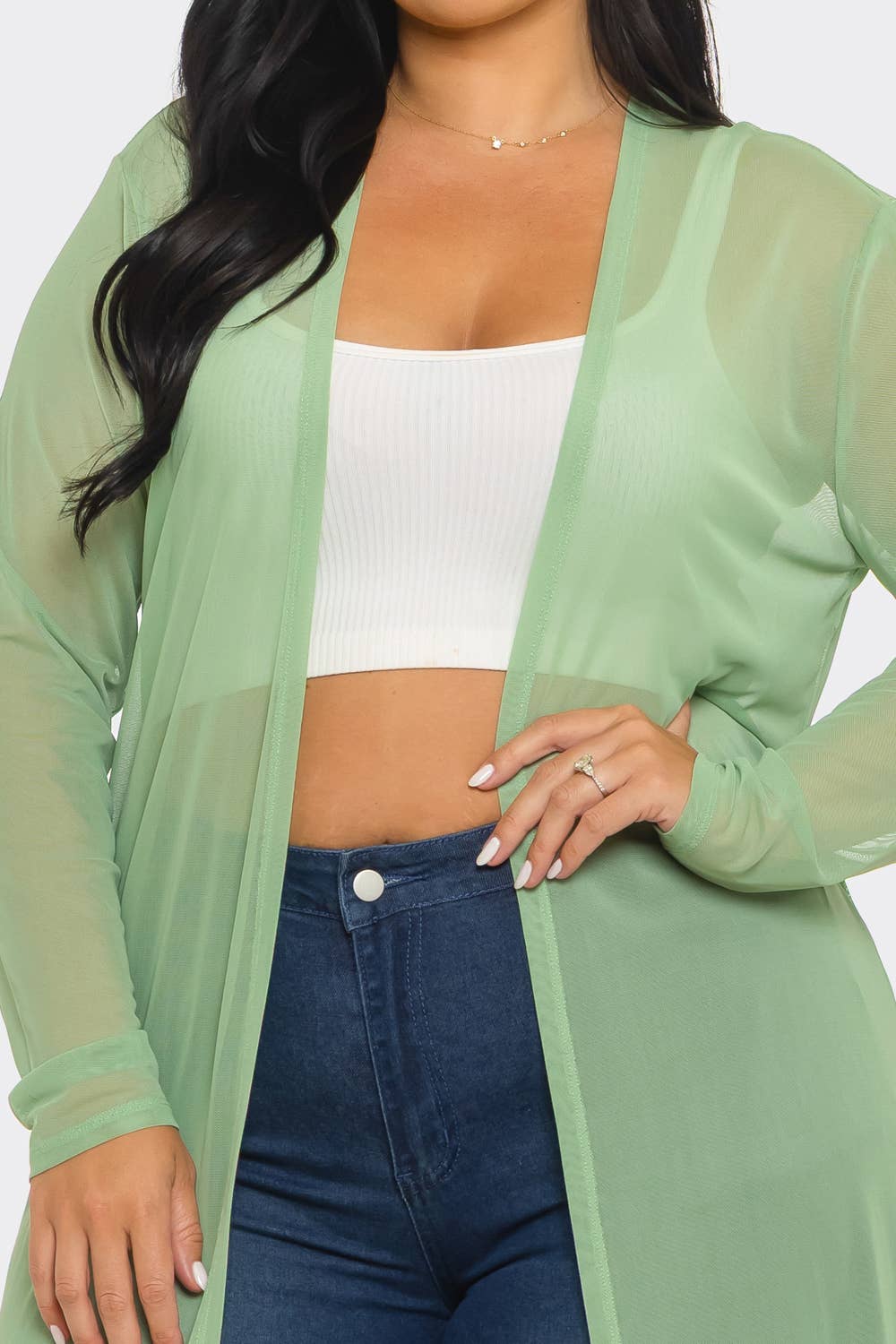 Plus Size Mesh Solid Side Slits Long Sleeve Cardigan