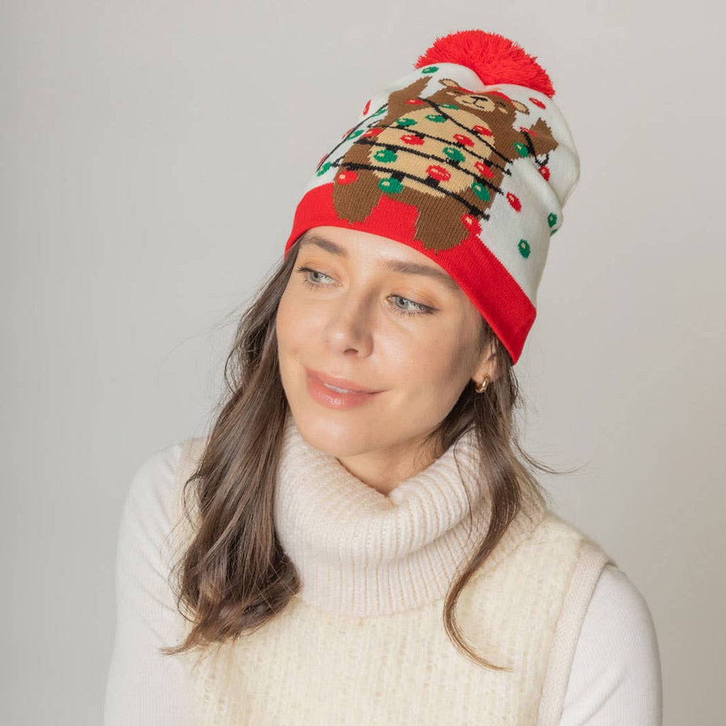 Holiday Bear Print Knit Beanie Hat