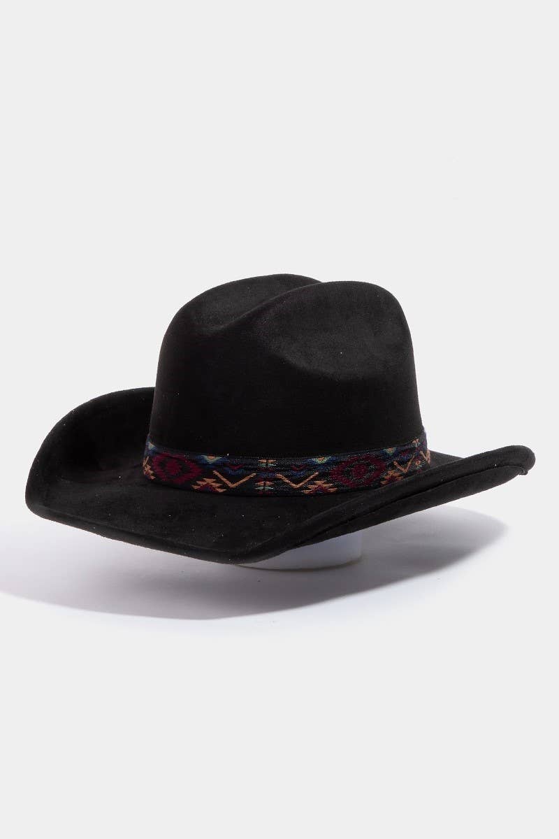 Boho Embroidered Strap Faux Suede Cowboy Hat