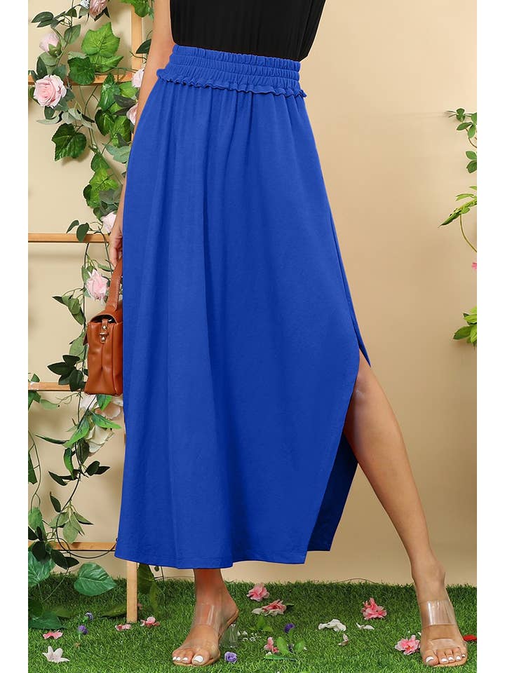 BANDED SMOCKING WAIST MAXI SKIRT WITH POCKET