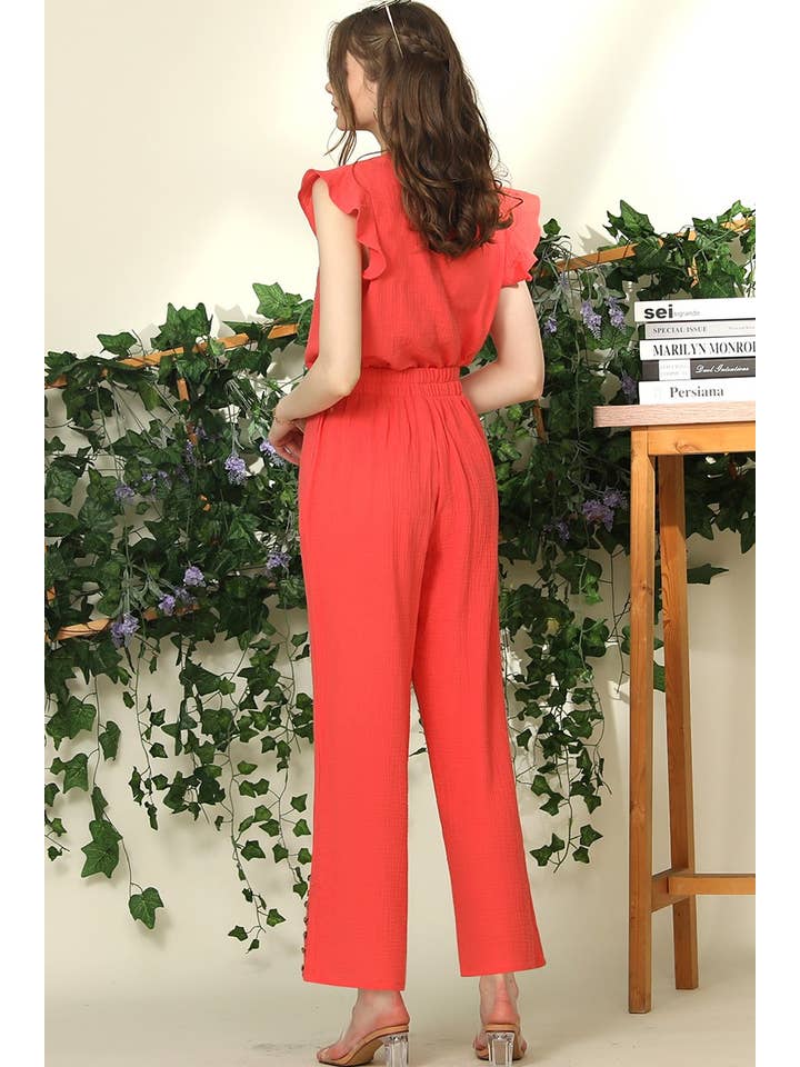 BANDED SMOCKING LONG PANTS WITH BUTTON DETAILED