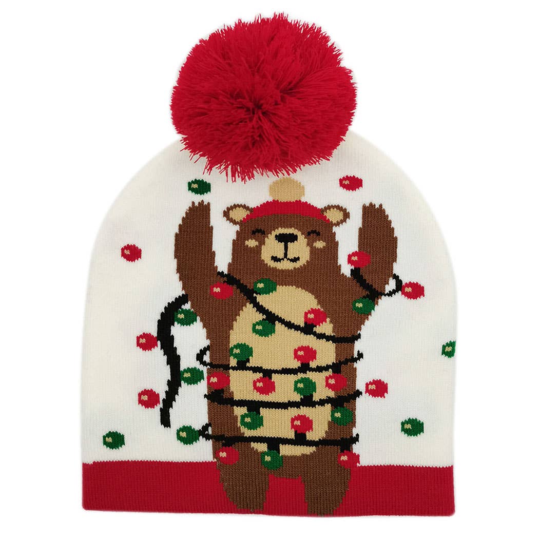Holiday Bear Print Knit Beanie Hat