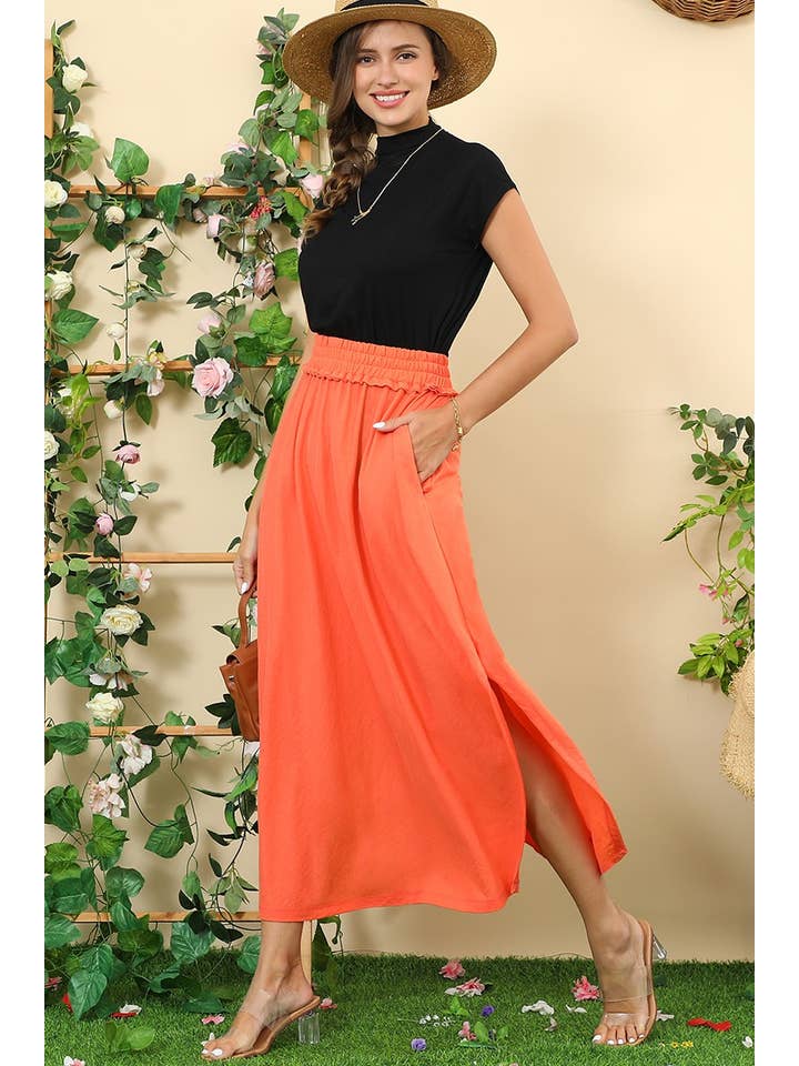 BANDED SMOCKING WAIST MAXI SKIRT WITH POCKET