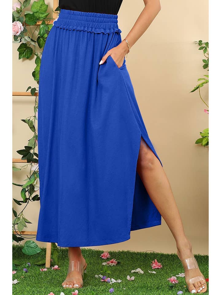 BANDED SMOCKING WAIST MAXI SKIRT WITH POCKET