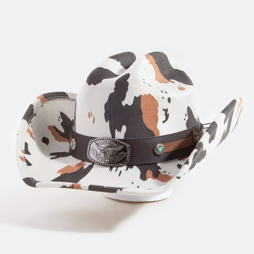 Cow Print Western Long Horn Strap Cowboy Hat