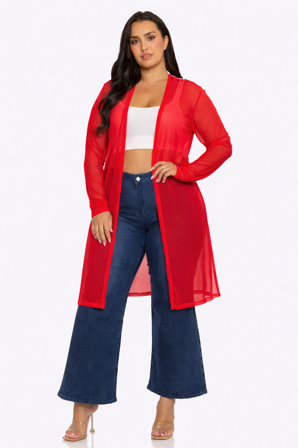 Plus Size Mesh Solid Side Slits Long Sleeve Cardigan
