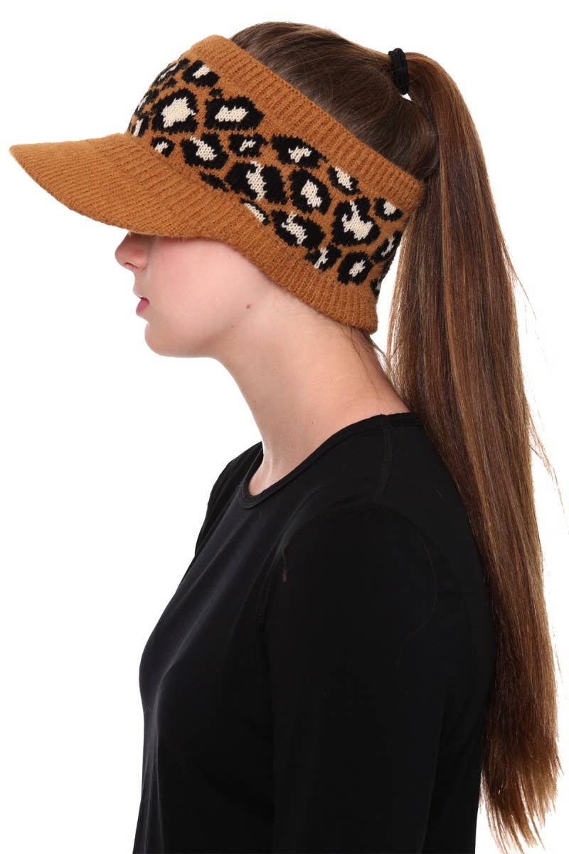 Leopard Detailed Ponytail Knitted Visor Hat