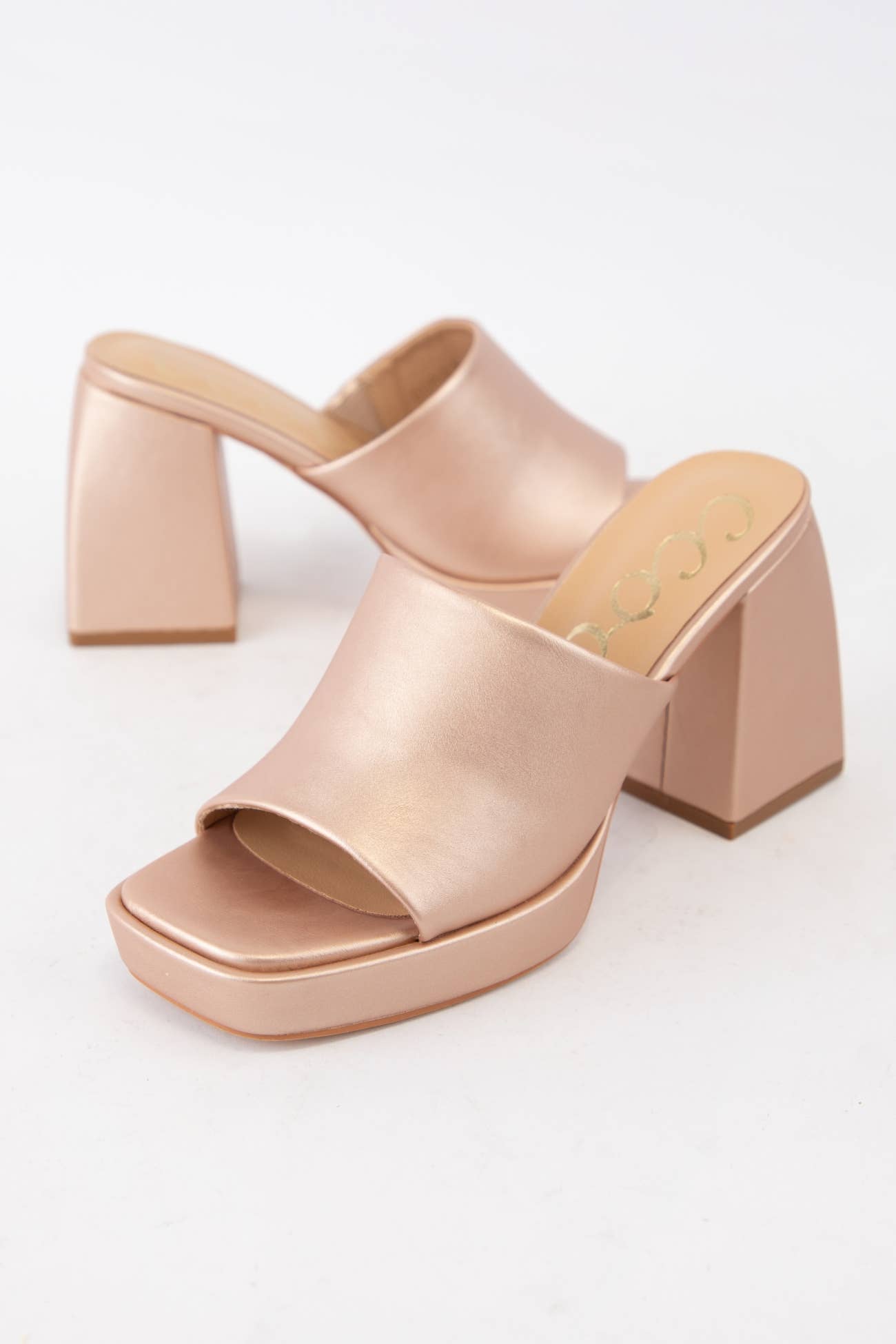 DORIS Rose Gold Platform Mule Heels with Retro Square Toe De