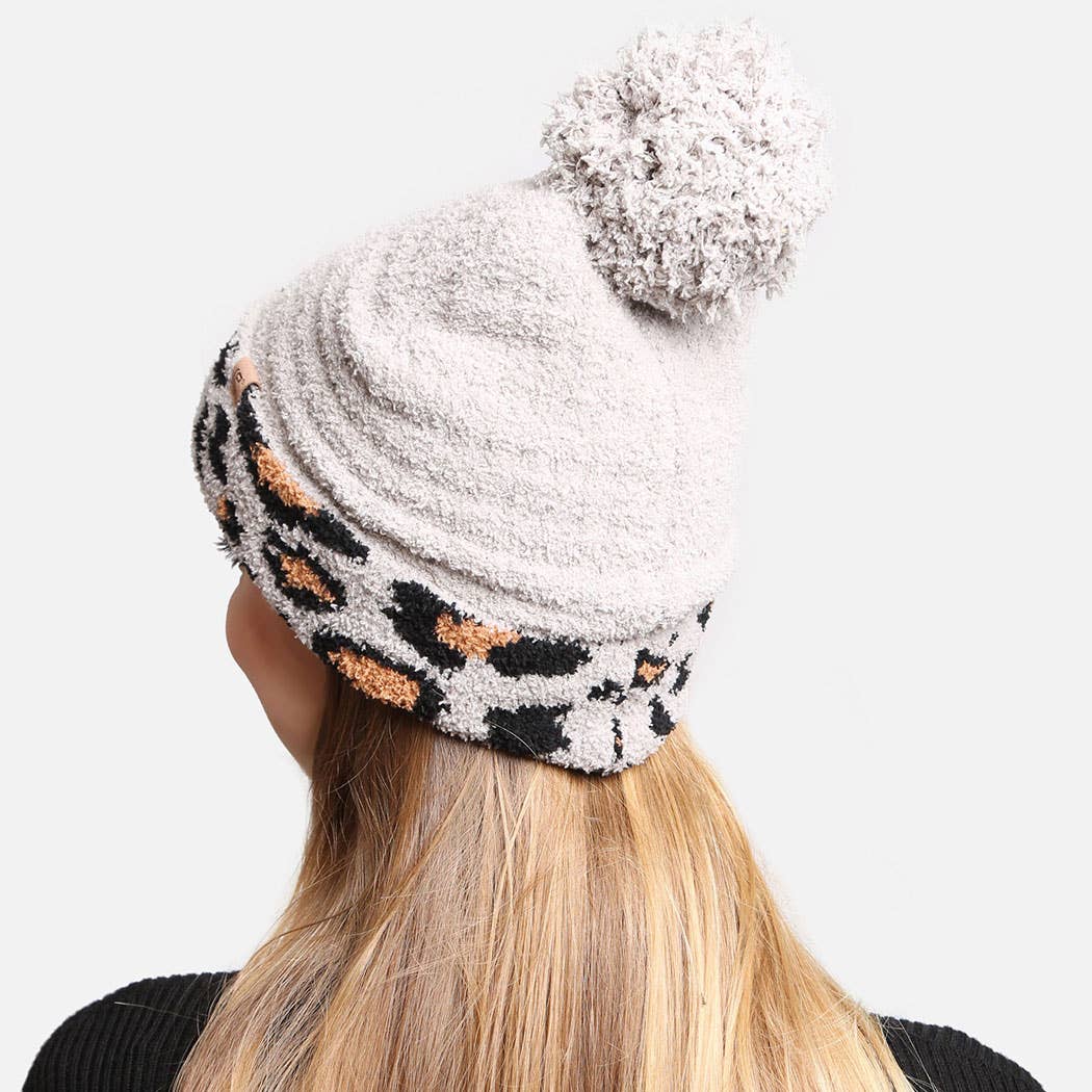 Luxury Soft Beanie Hat w Leopard Print Cuff