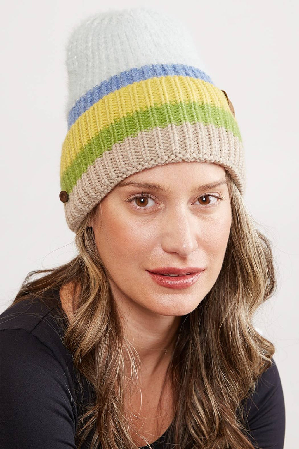 Mixed Color Knit Ribbed Beanie with Button
