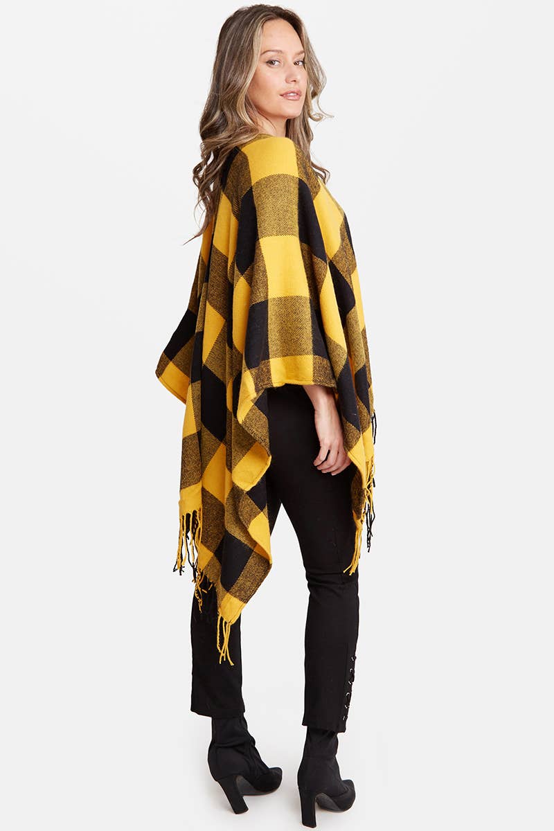 Buffalo Check Pattern Ruana Poncho with Fringes