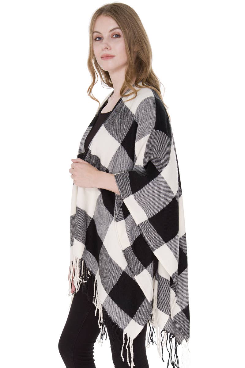 Buffalo Check Pattern Ruana Poncho with Fringes