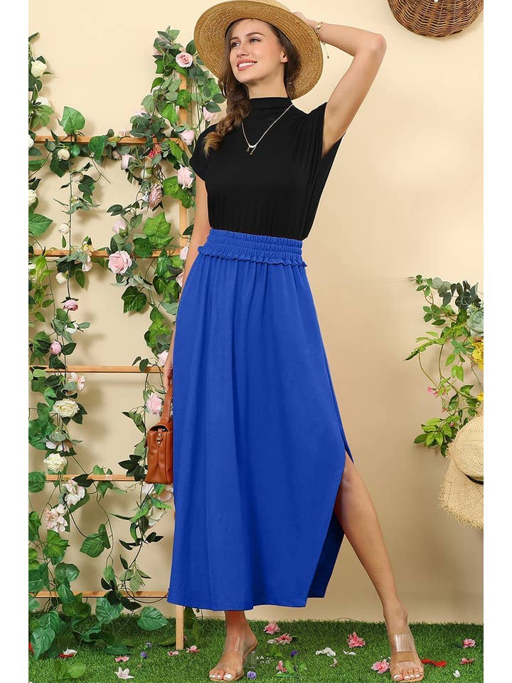 BANDED SMOCKING WAIST MAXI SKIRT WITH POCKET