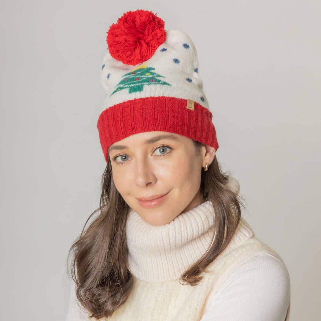 Holiday Treen Pattern Beanie Hat w Yarn Pom