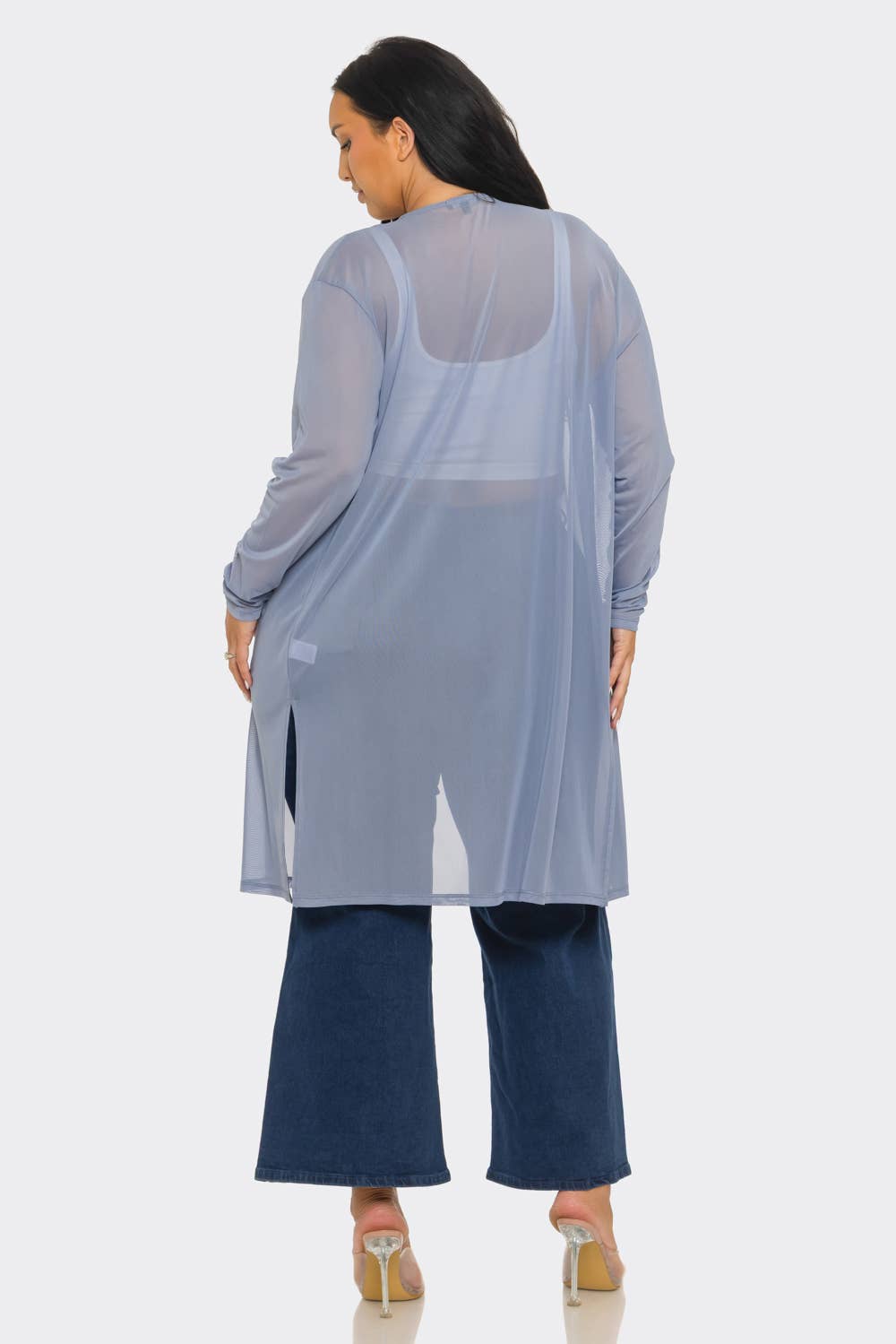 Plus Size Mesh Solid Side Slits Long Sleeve Cardigan