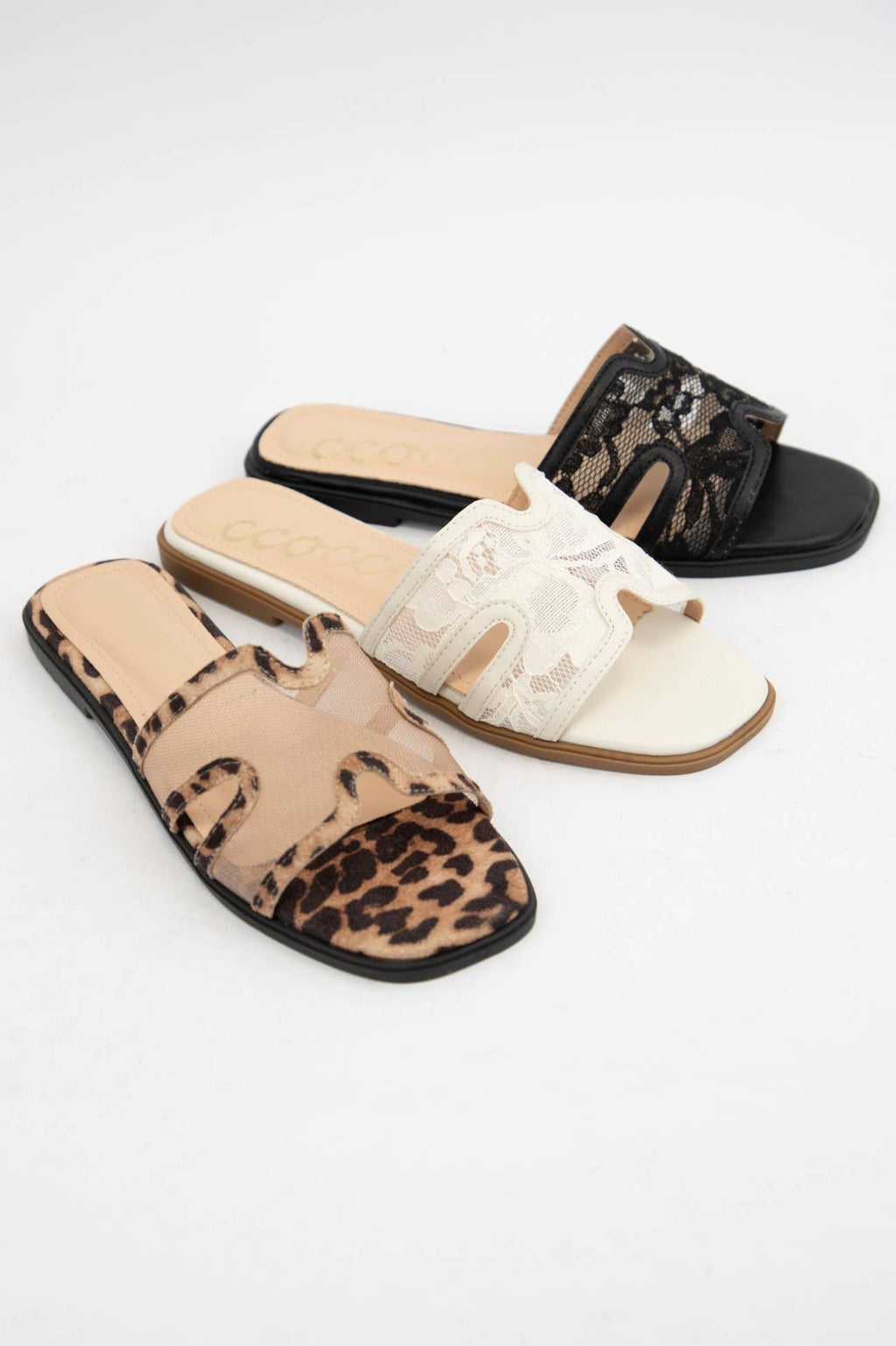 BRITNEY Lace Mesh Sandals  H-Cutout Square Toe Slides
