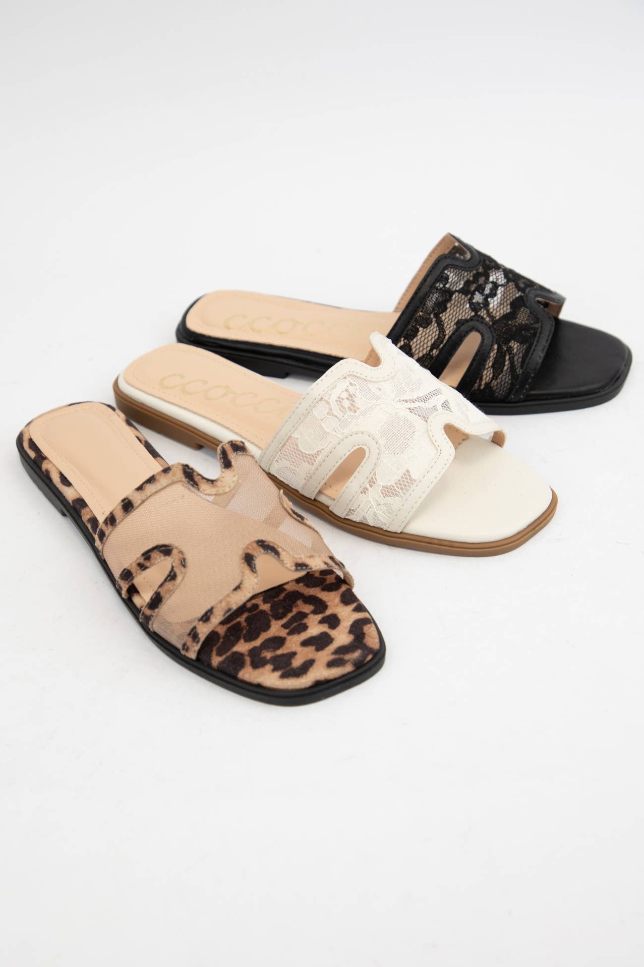 BRITNEY Lace Mesh Sandals  H-Cutout Square Toe Slides
