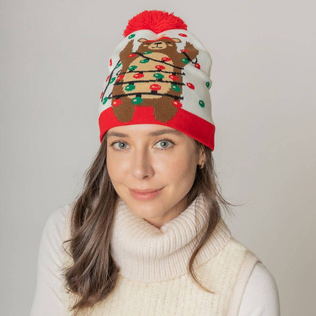 Holiday Bear Print Knit Beanie Hat