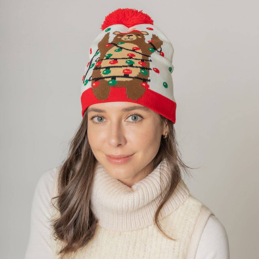 Holiday Bear Print Knit Beanie Hat