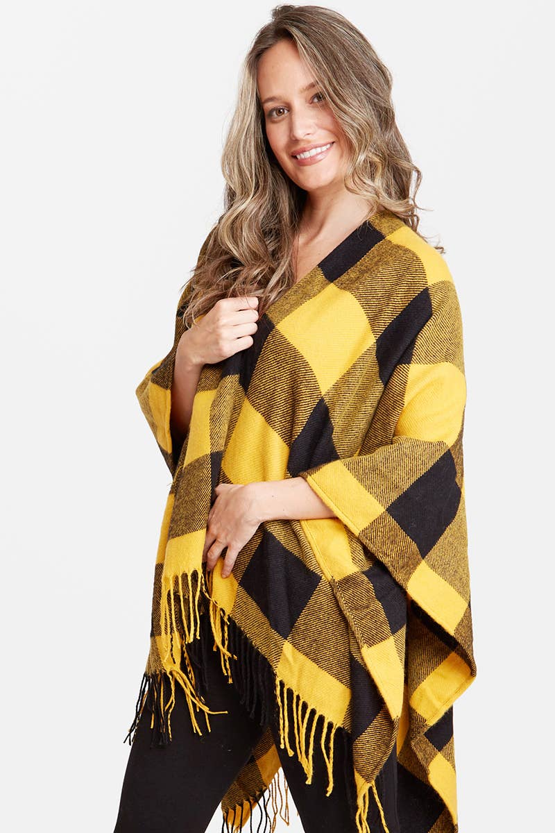 Buffalo Check Pattern Ruana Poncho with Fringes