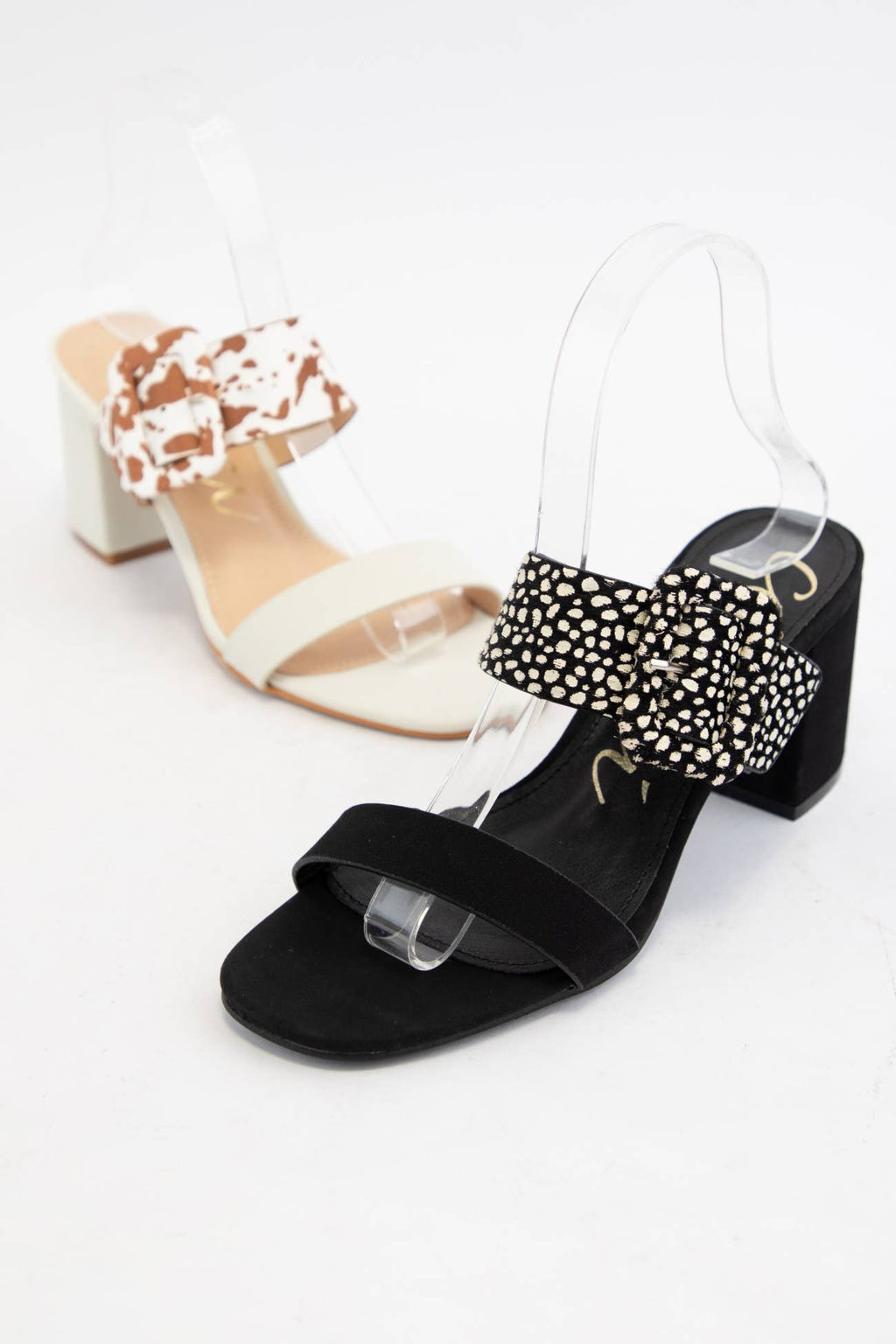 SALLY Double Strap Block Heel Sandals Pattern Strap Heels