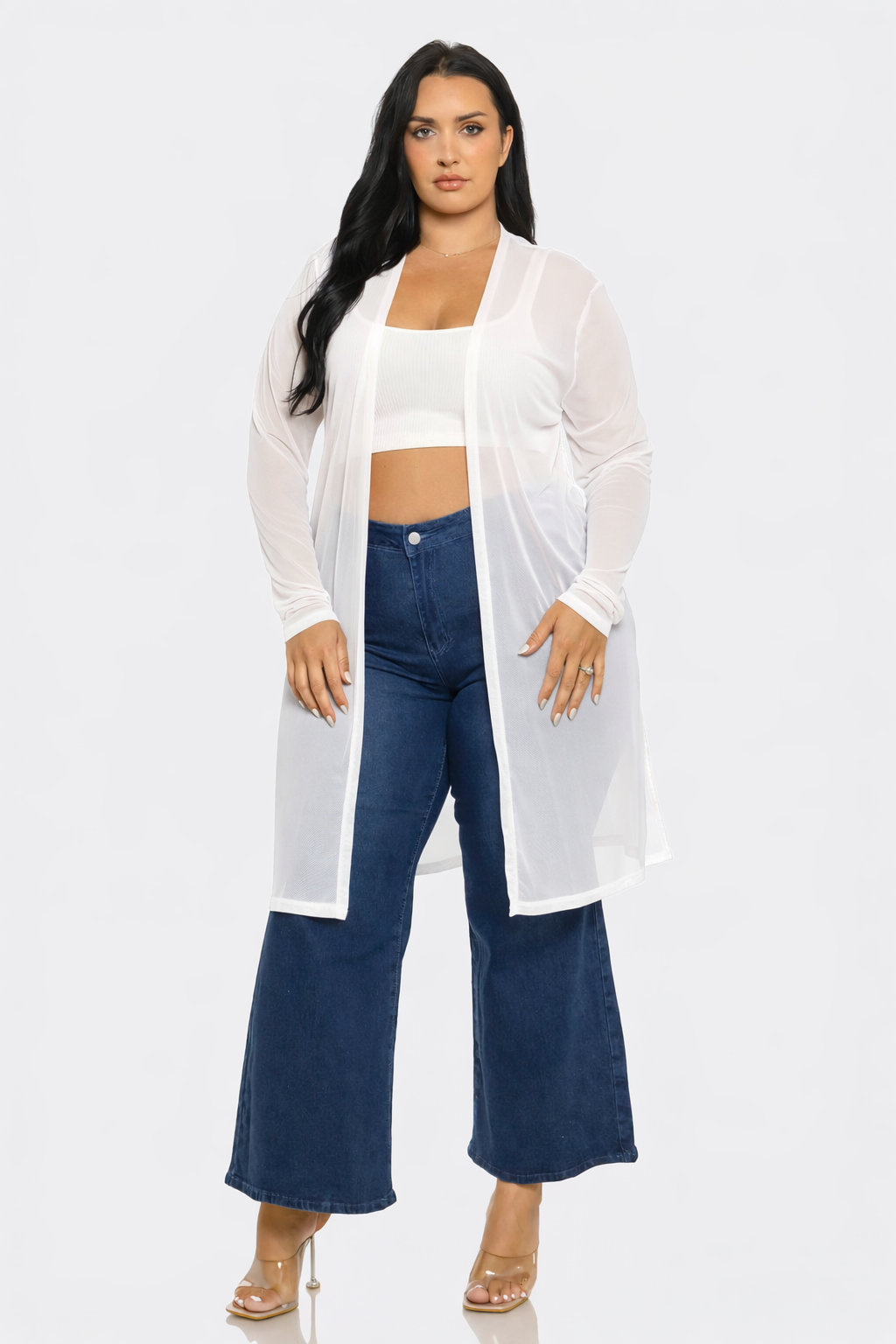 Plus Size Mesh Solid Side Slits Long Sleeve Cardigan