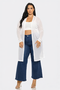 Plus Size Mesh Solid Side Slits Long Sleeve Cardigan