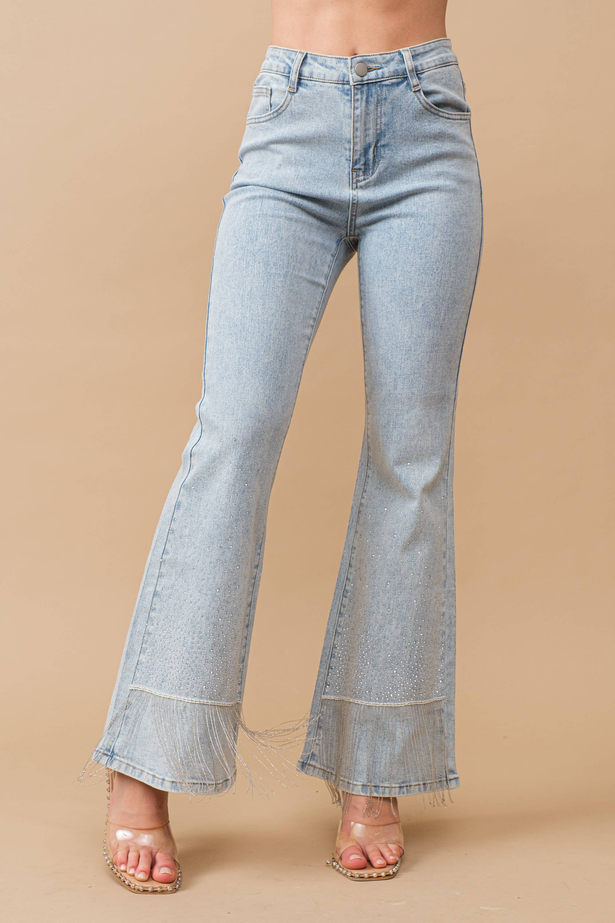 80018P - Cotton Stretch Studded Rhinestone Fringe Jeans