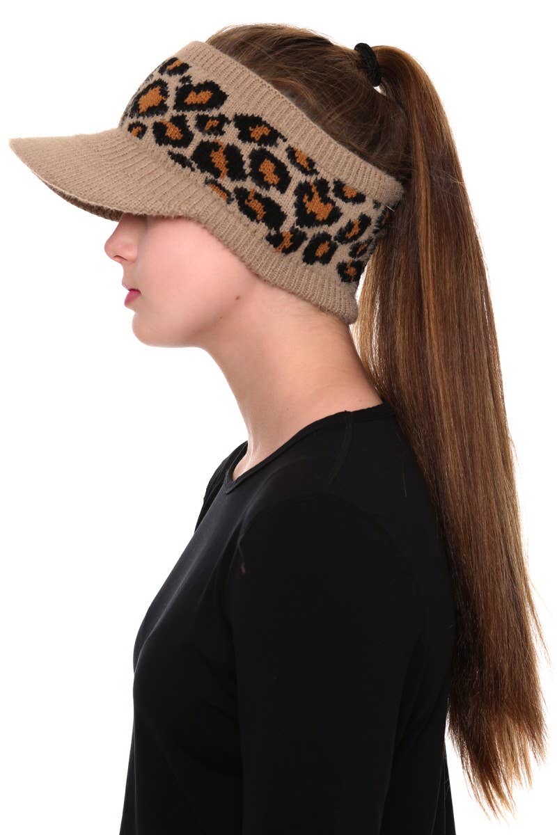 Leopard Detailed Ponytail Knitted Visor Hat