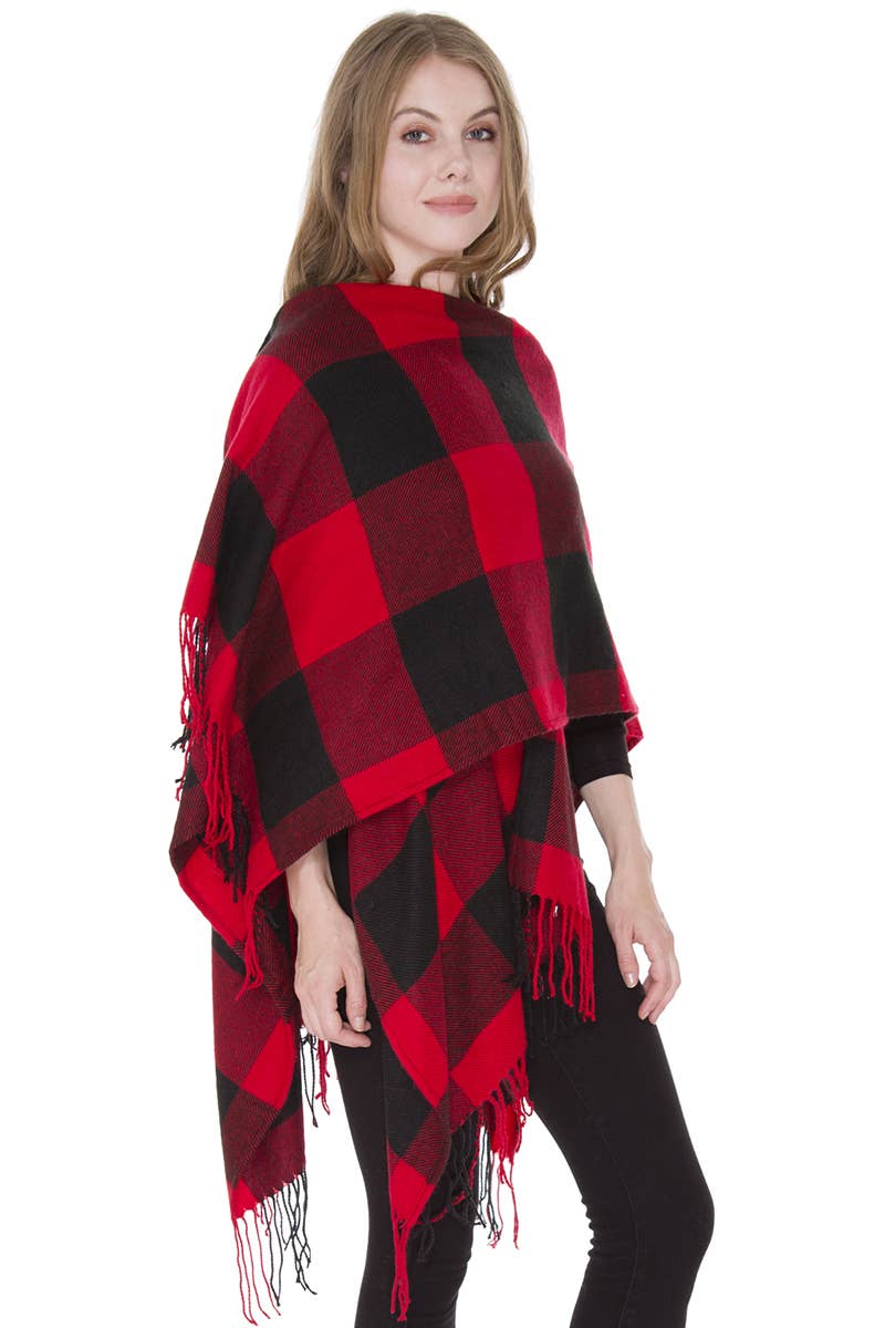 Buffalo Check Pattern Ruana Poncho with Fringes
